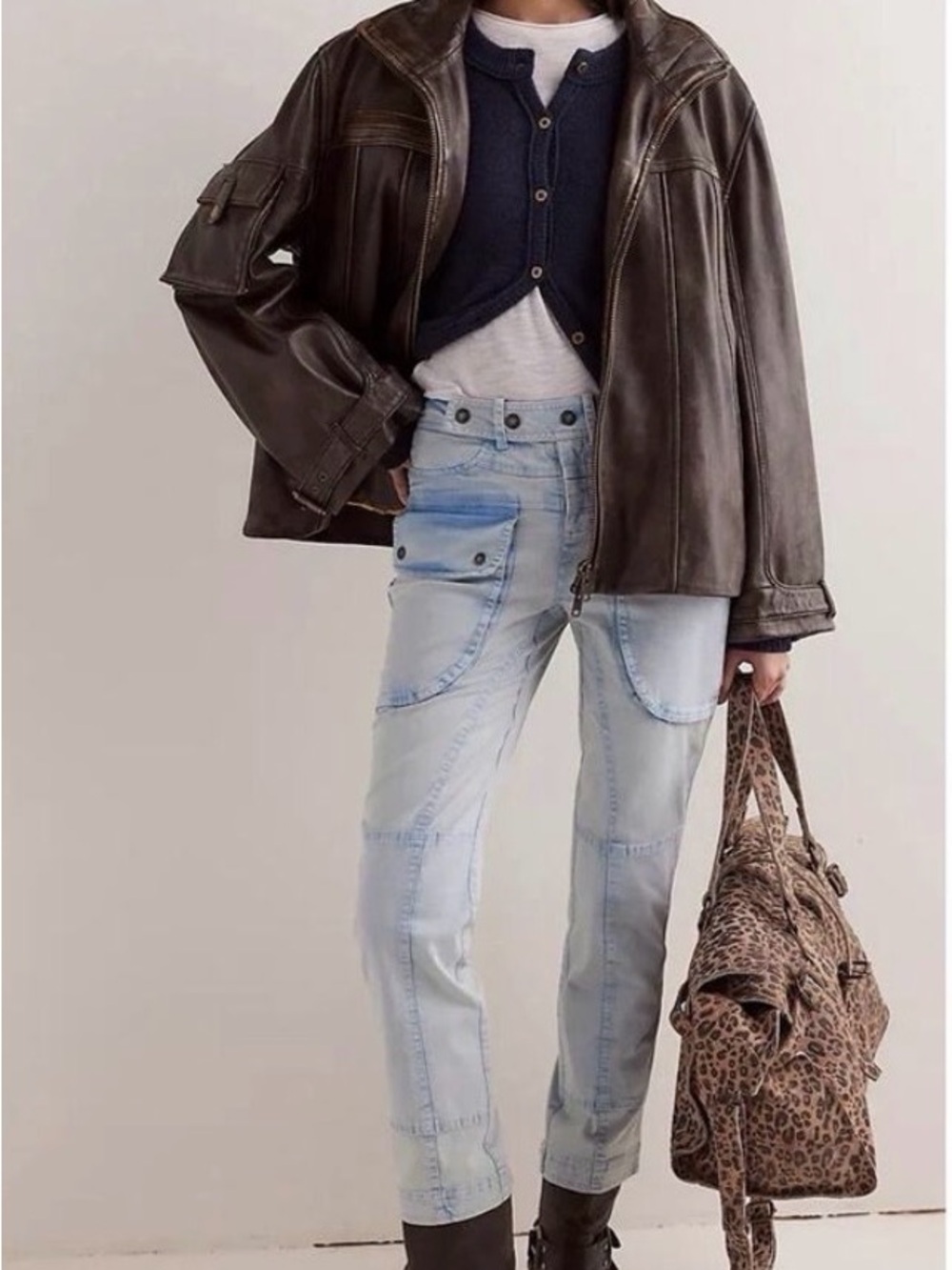Free People Light Wash Straight-Leg Cargo Jeans